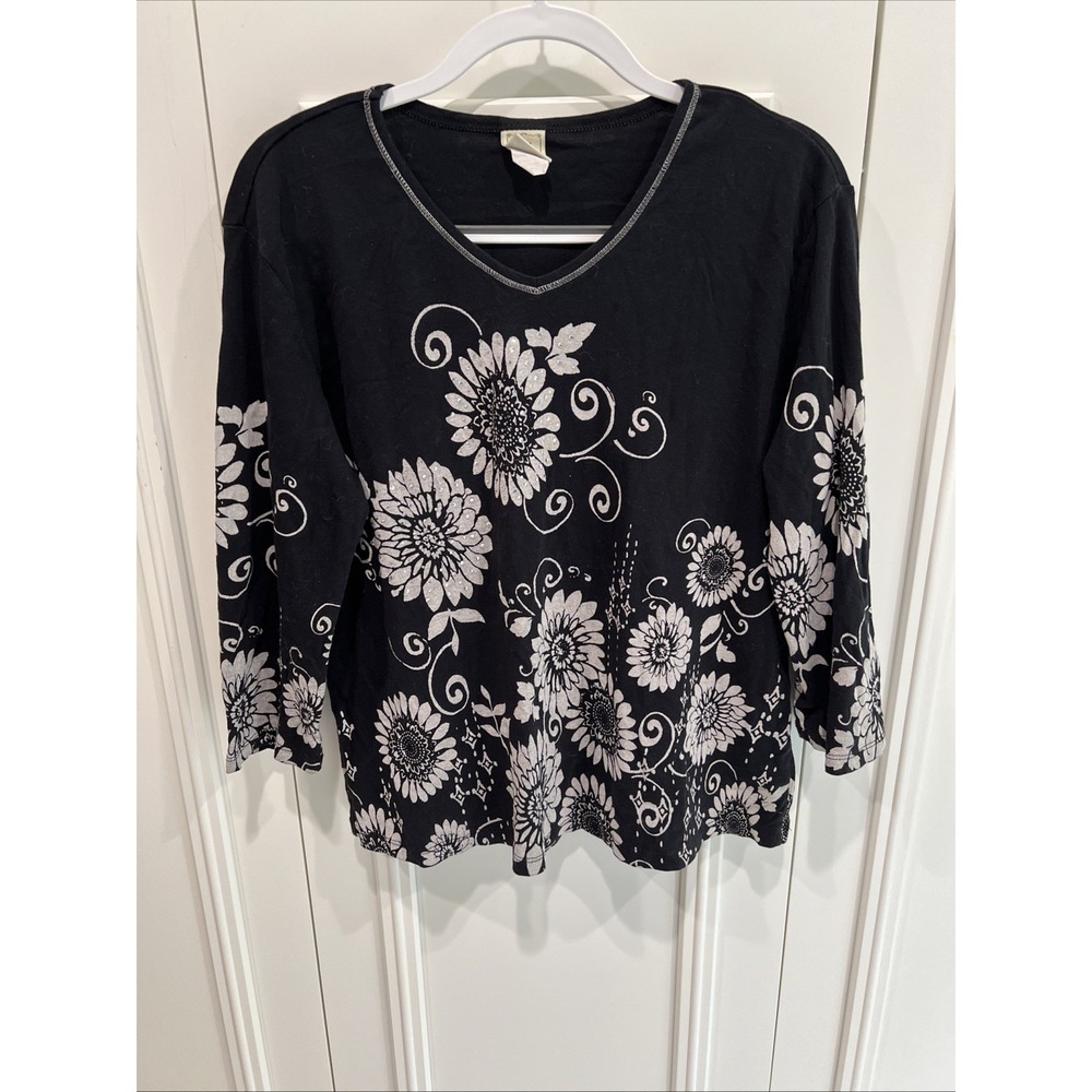 Jess & Jane Black Floral Rhinestone Knit Top Size Large Artsy 3/4‎ Sleeve V Neck
